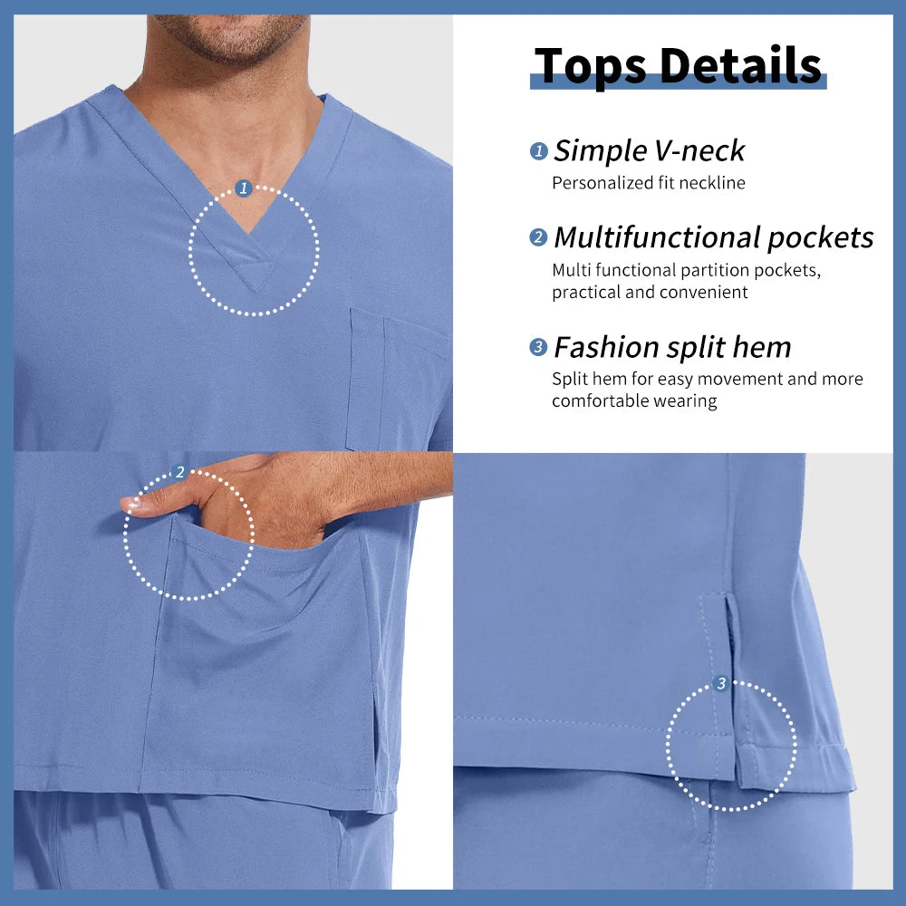 Men’s Stretch Scrub Set – V-Neck Top & Elastic Waist Pants | Breathable & Professional Fit