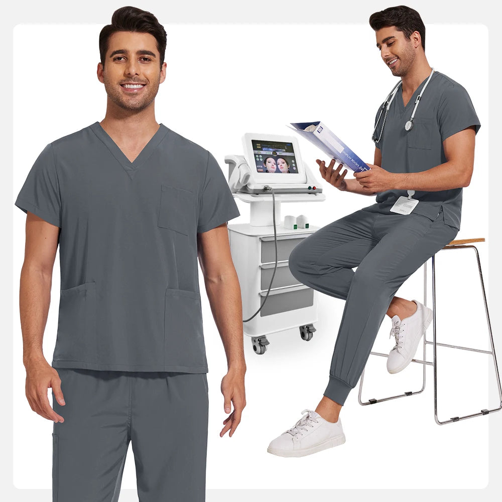 Men’s Stretch Scrub Set – V-Neck Top & Elastic Waist Pants | Breathable & Professional Fit