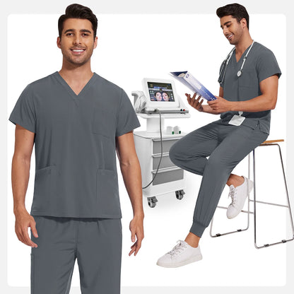 Men’s Stretch Scrub Set – V-Neck Top & Elastic Waist Pants | Breathable & Professional Fit
