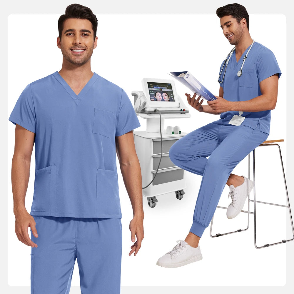 Men’s Stretch Scrub Set – V-Neck Top & Elastic Waist Pants | Breathable & Professional Fit