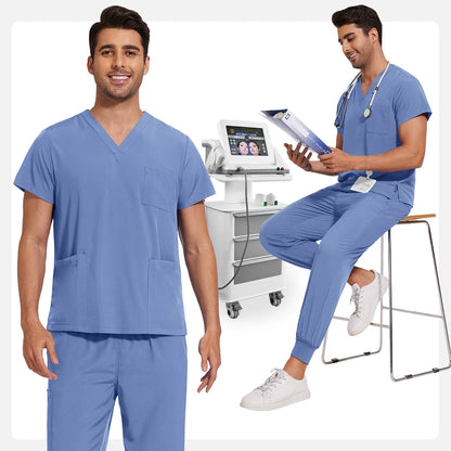 Men’s Stretch Scrub Set – V-Neck Top & Elastic Waist Pants | Breathable & Professional Fit