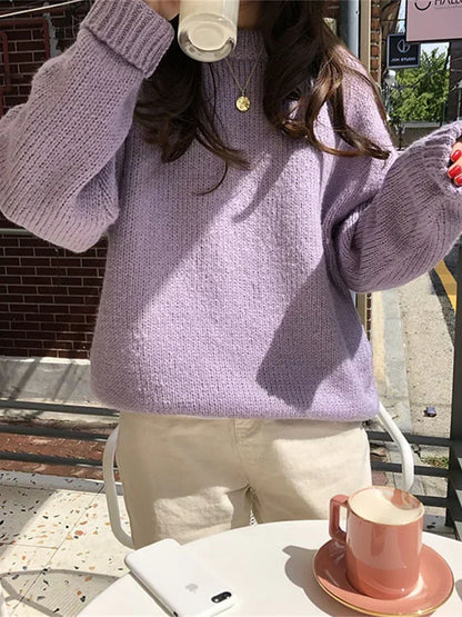 Women’s Knit Pullover Sweater – High-Stretch Loose Fit (Autumn/Winter Casual Wear)