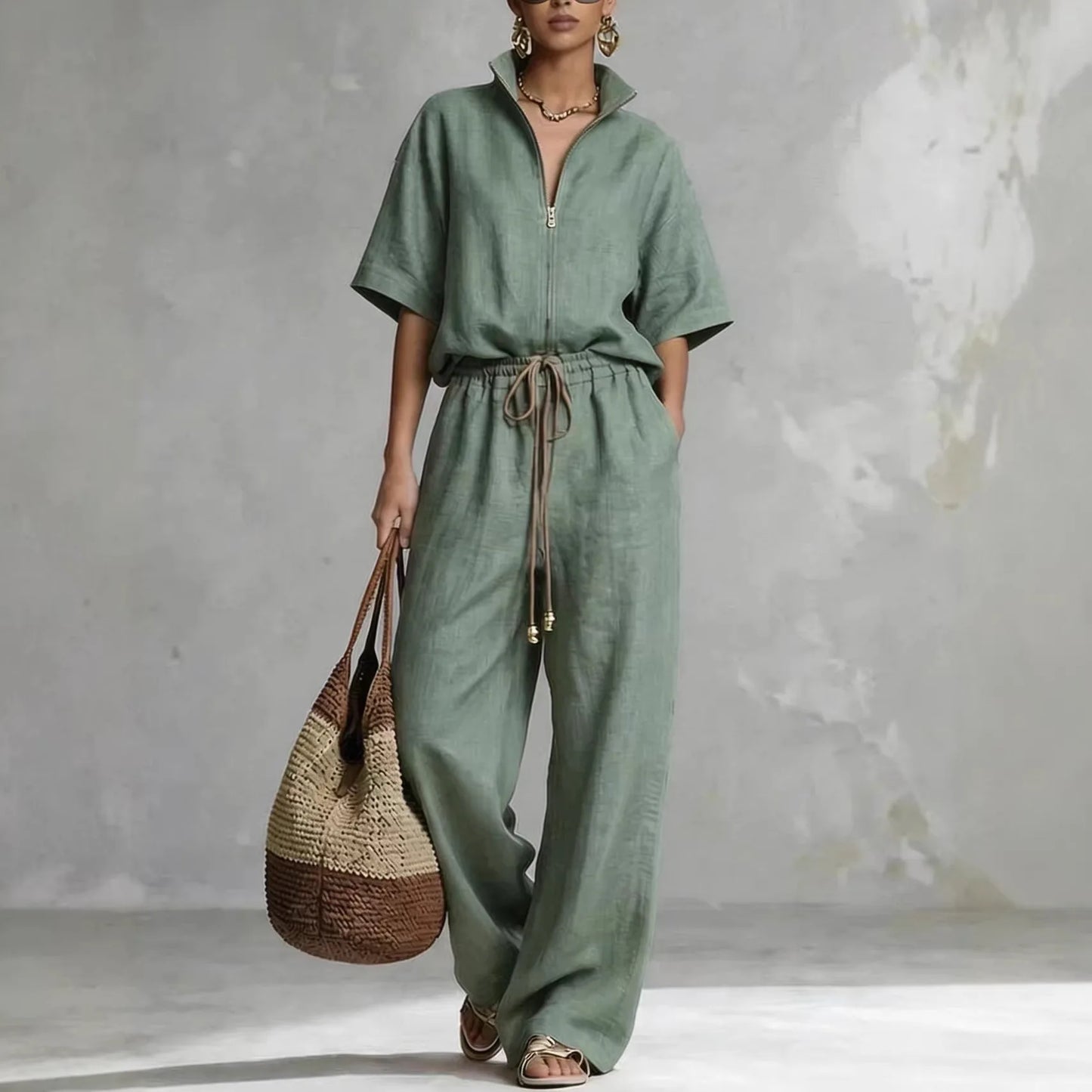Elegant Loose Two Piece Set Women Outfit 2026 Summer Fashion Short Sleeve Blouse Tops And Wide Leg Pants Sets Casual