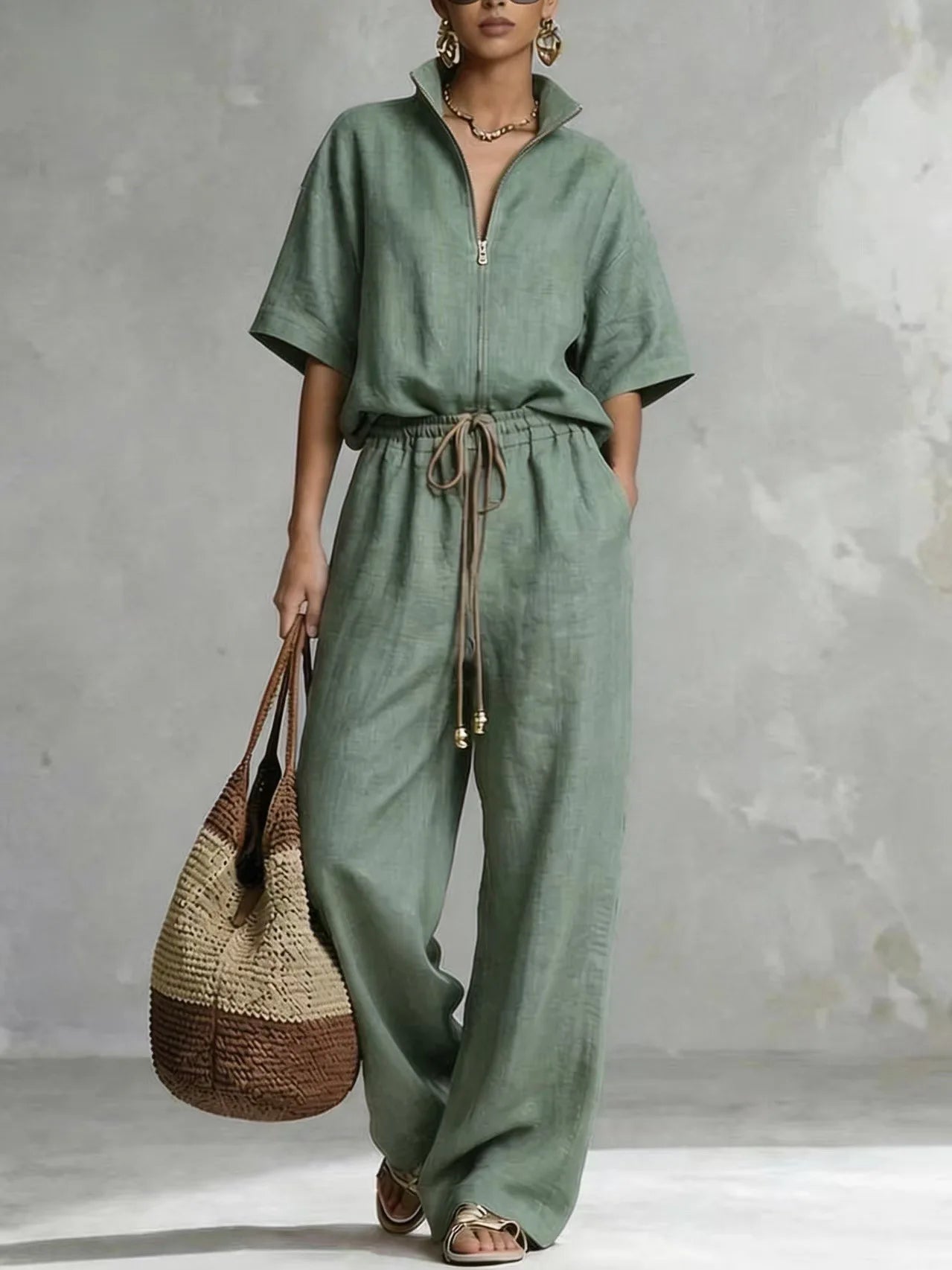 Elegant Loose Two Piece Set Women Outfit 2026 Summer Fashion Short Sleeve Blouse Tops And Wide Leg Pants Sets Casual
