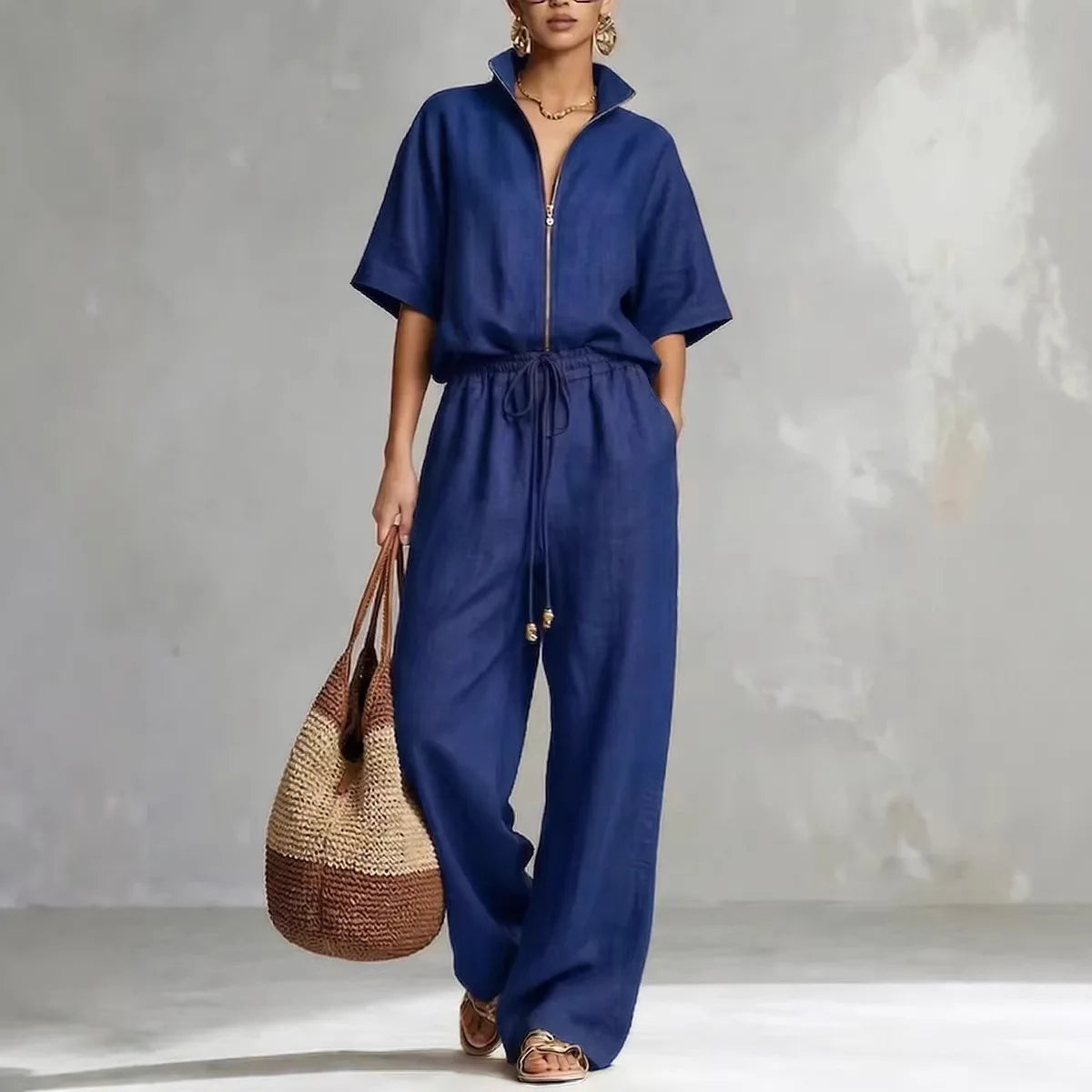 Elegant Loose Two Piece Set Women Outfit 2026 Summer Fashion Short Sleeve Blouse Tops And Wide Leg Pants Sets Casual