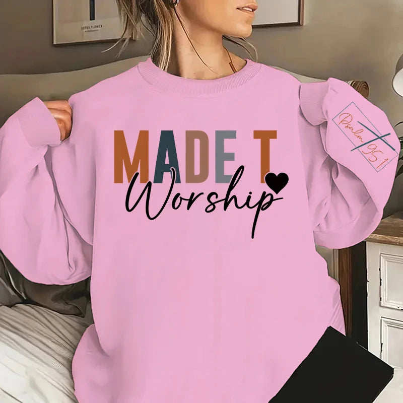 Made to Worship Letter Print Sweatshirt – Crew Neck, Long Sleeve Christian Pullover for Fall & Winter