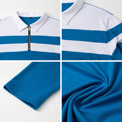Men's Long Sleeve Striped Polo Shirt | 1/4 Zip Cotton Patchwork | Casual Fashion