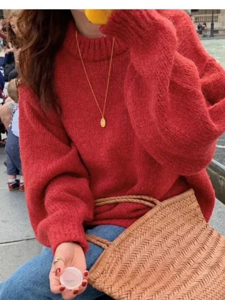 Women’s Knit Pullover Sweater – High-Stretch Loose Fit (Autumn/Winter Casual Wear)