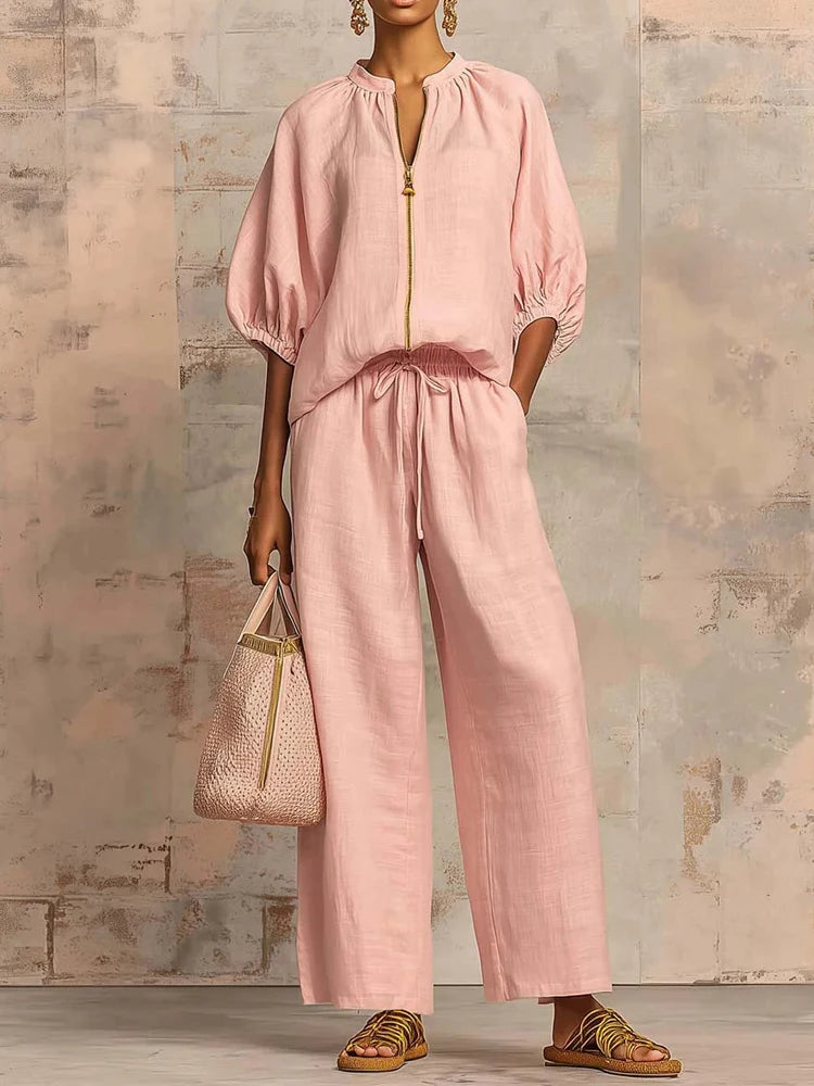 Fashion Simple Solid Wide Leg Pant Outfits  Elegant Zip Drawstring Loose Suit Casual O-neck Half Sleeve Shirt with Pants 2Pc Set