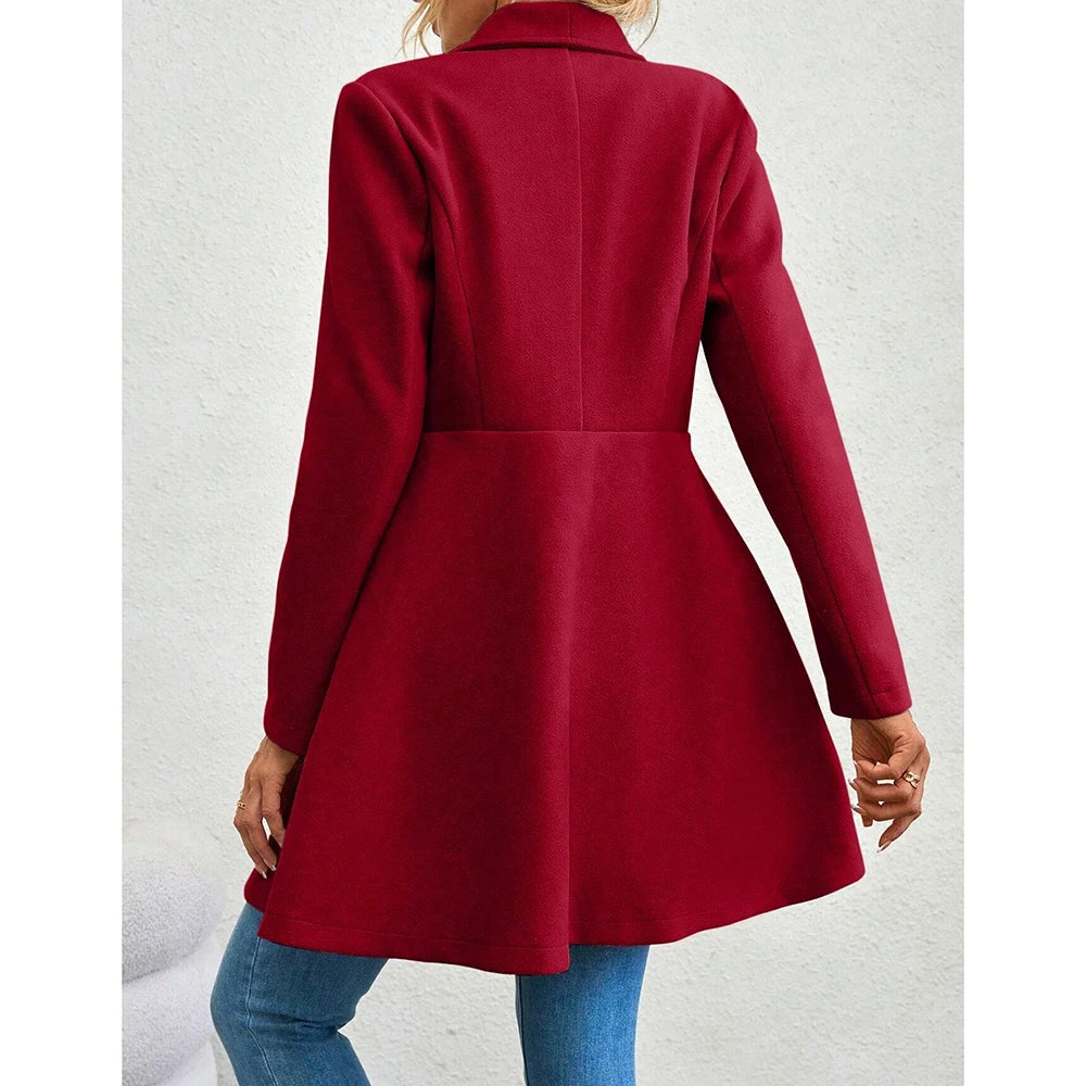 Women's Classic Double-Breasted Long Wool Blend Coat – Office Chic, Wine Red