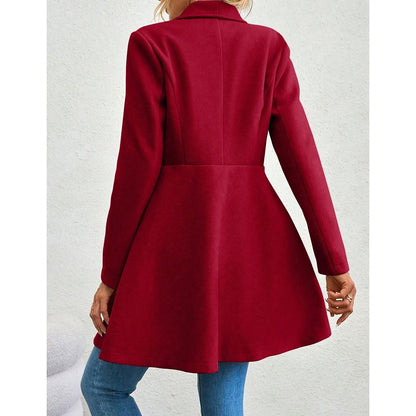 Women's Classic Double-Breasted Long Wool Blend Coat – Office Chic, Wine Red