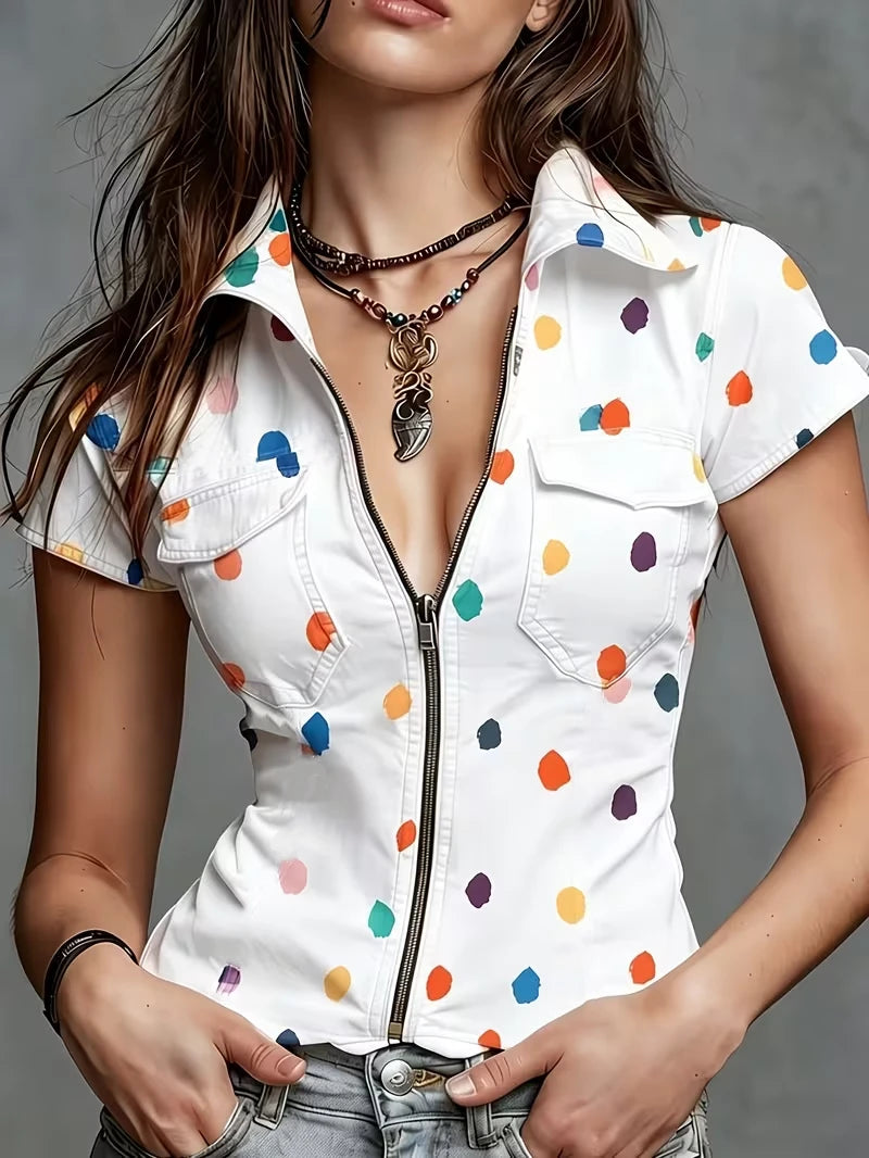 Ladies Short Sleeve Faux Denim Shirt with Stand Collar Front Zipper Design And Colorful Print Texture-Free Summer Vitality Style
