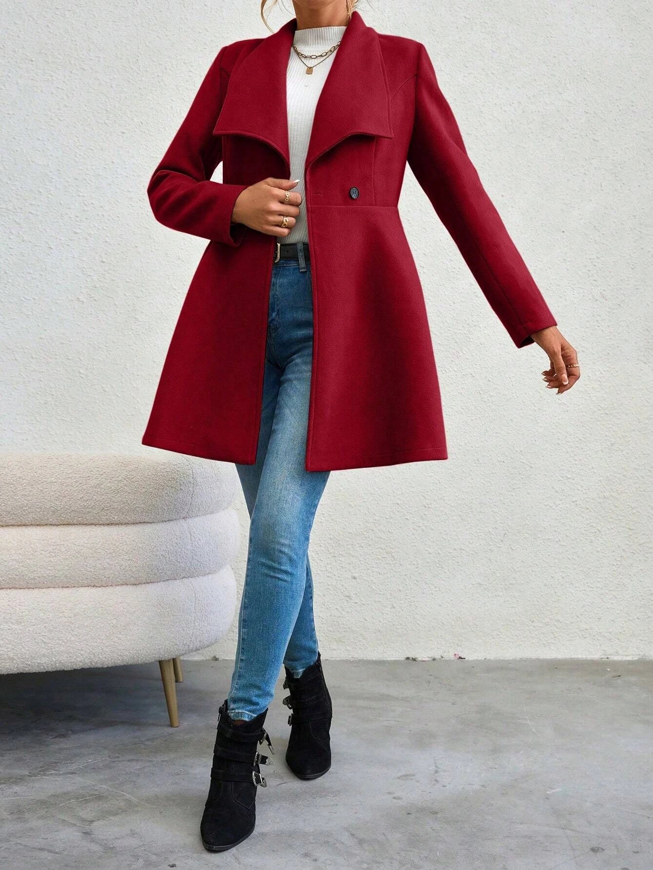 Women's Classic Double-Breasted Long Wool Blend Coat – Office Chic, Wine Red