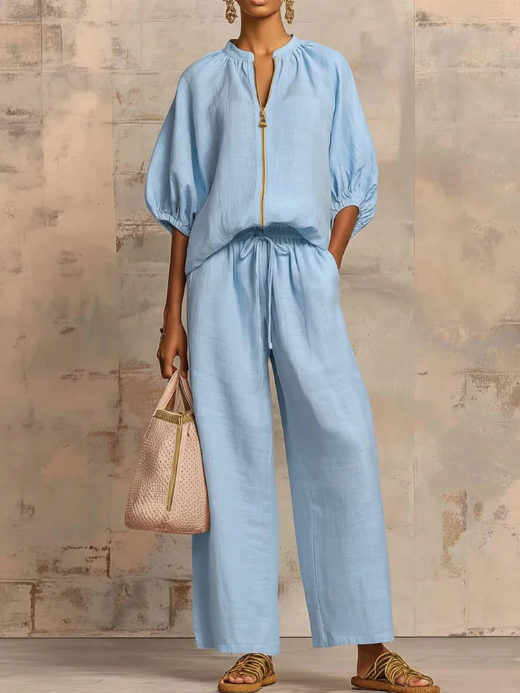 Fashion Simple Solid Wide Leg Pant Outfits  Elegant Zip Drawstring Loose Suit Casual O-neck Half Sleeve Shirt with Pants 2Pc Set