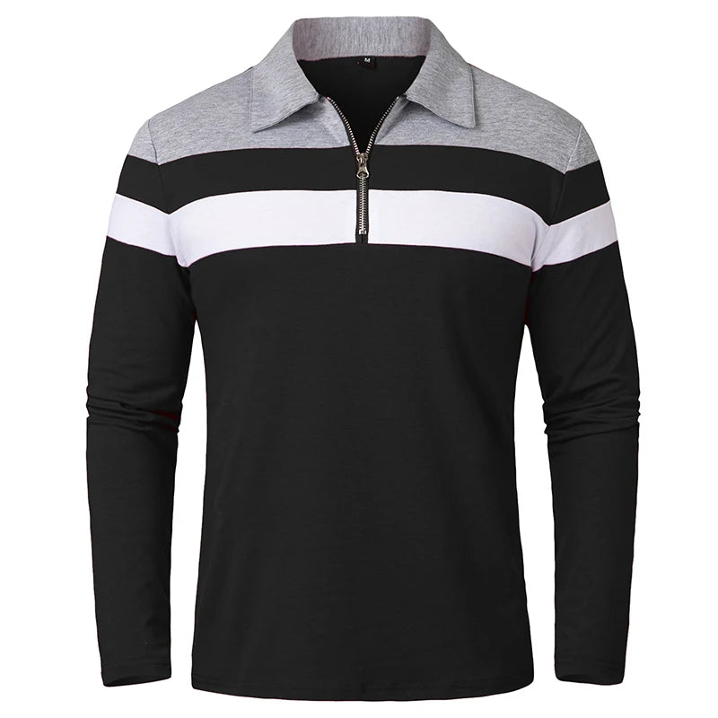 Men's Long Sleeve Striped Polo Shirt | 1/4 Zip Cotton Patchwork | Casual Fashion