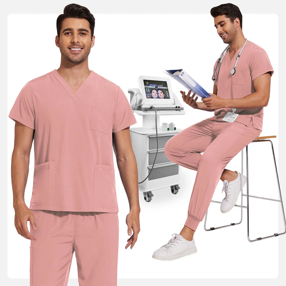 Men’s Stretch Scrub Set – V-Neck Top & Elastic Waist Pants | Breathable & Professional Fit
