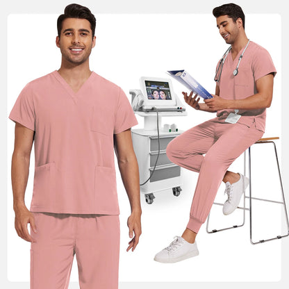 Men’s Stretch Scrub Set – V-Neck Top & Elastic Waist Pants | Breathable & Professional Fit