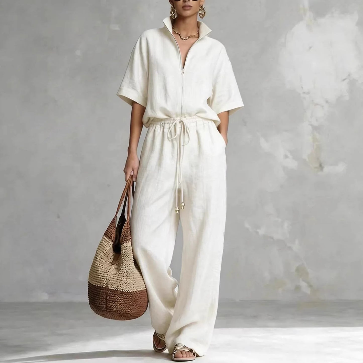Elegant Loose Two Piece Set Women Outfit 2026 Summer Fashion Short Sleeve Blouse Tops And Wide Leg Pants Sets Casual