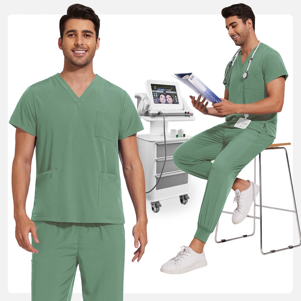 Men’s Stretch Scrub Set – V-Neck Top & Elastic Waist Pants | Breathable & Professional Fit