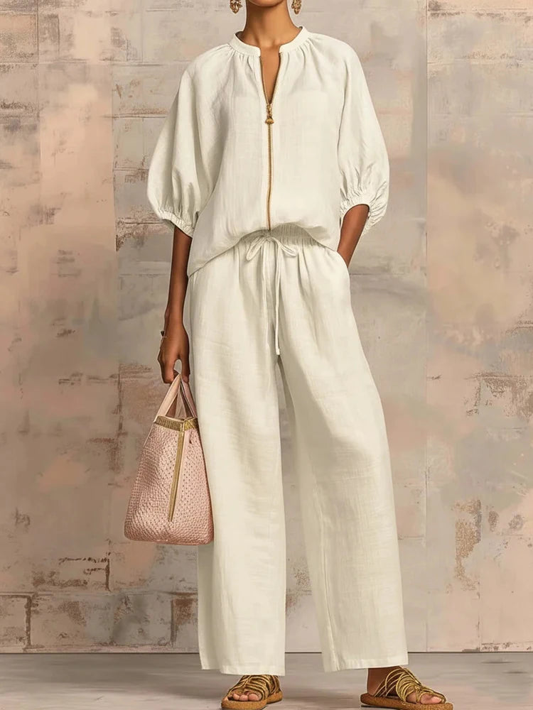 Fashion Simple Solid Wide Leg Pant Outfits  Elegant Zip Drawstring Loose Suit Casual O-neck Half Sleeve Shirt with Pants 2Pc Set