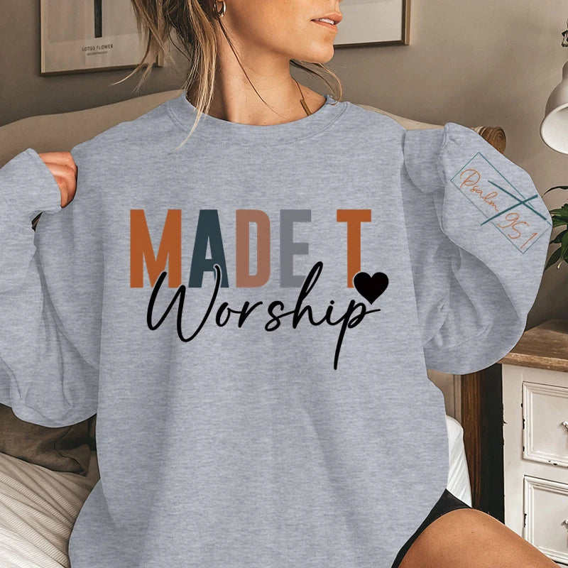 Made to Worship Letter Print Sweatshirt – Crew Neck, Long Sleeve Christian Pullover for Fall & Winter