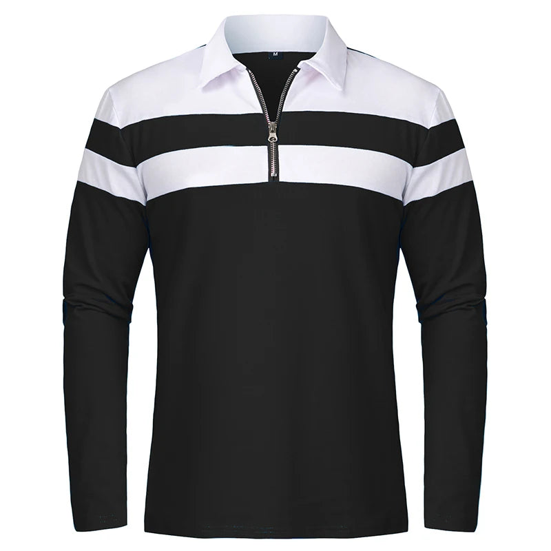Men's Long Sleeve Striped Polo Shirt | 1/4 Zip Cotton Patchwork | Casual Fashion