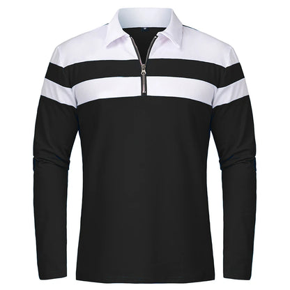 Men's Long Sleeve Striped Polo Shirt | 1/4 Zip Cotton Patchwork | Casual Fashion
