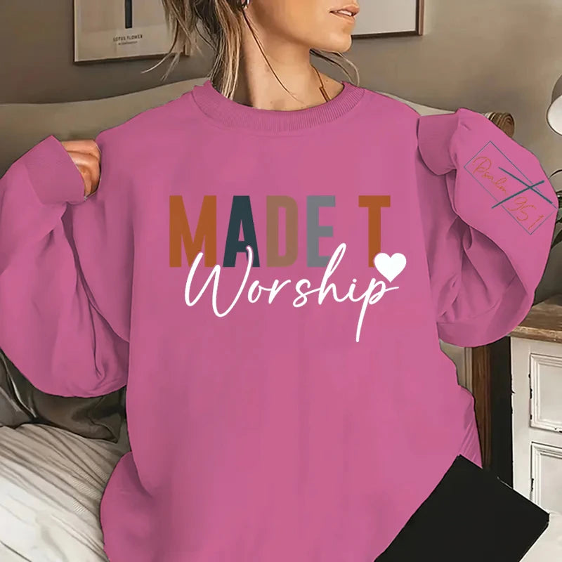 Made to Worship Letter Print Sweatshirt – Crew Neck, Long Sleeve Christian Pullover for Fall & Winter