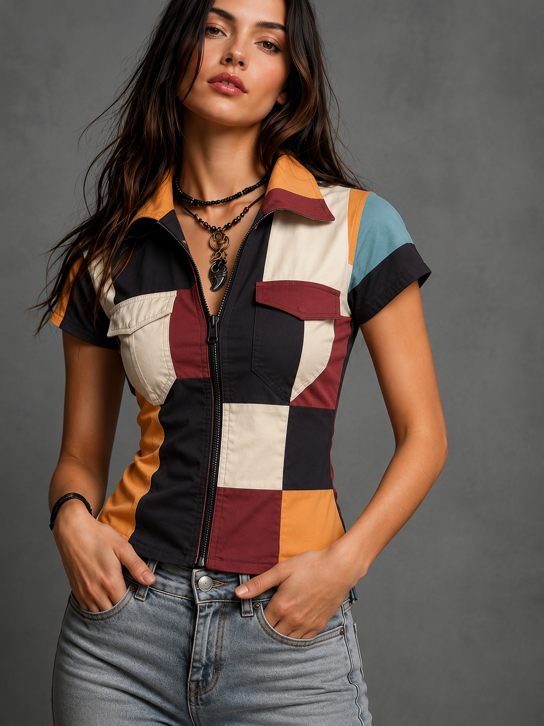Colorblock Zip-Up Short Sleeve Blouse