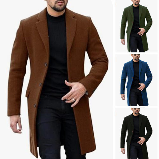 Men's Single-breasted Woolen Coat - Classic Long Cardigan Style