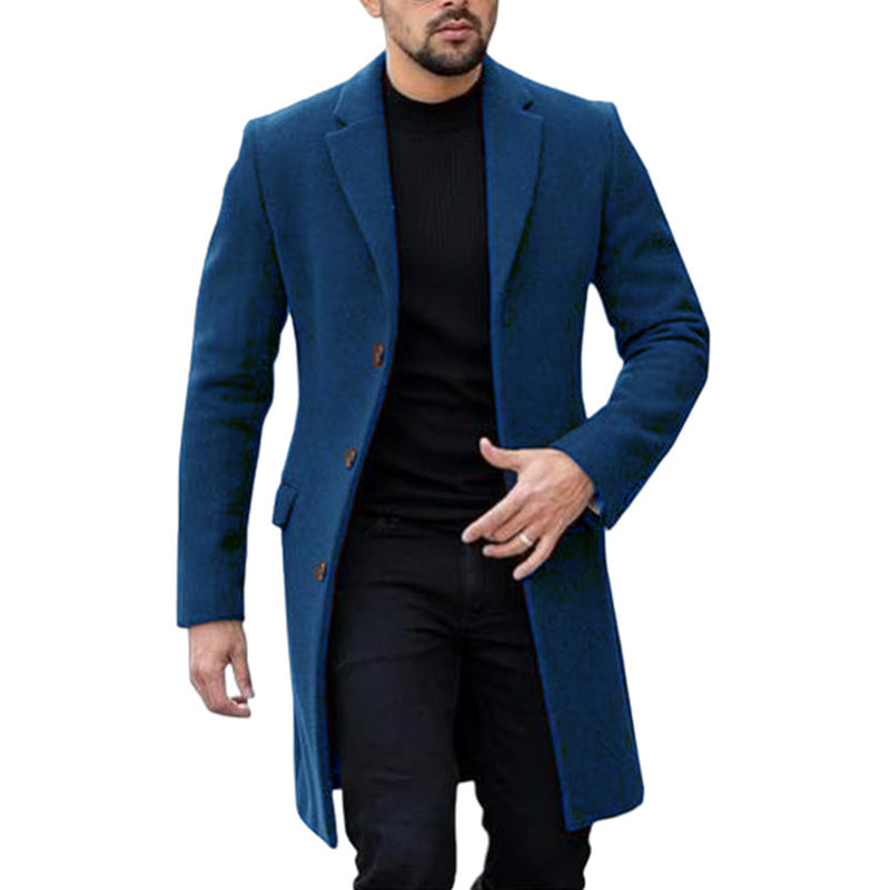 Men's Single-breasted Woolen Coat - Classic Long Cardigan Style