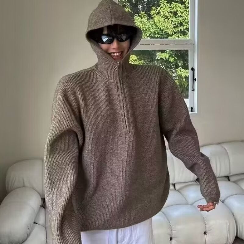 Retro Half Zipper Hooded Sweater – Lazy Knit Cardigan Jacket for Men