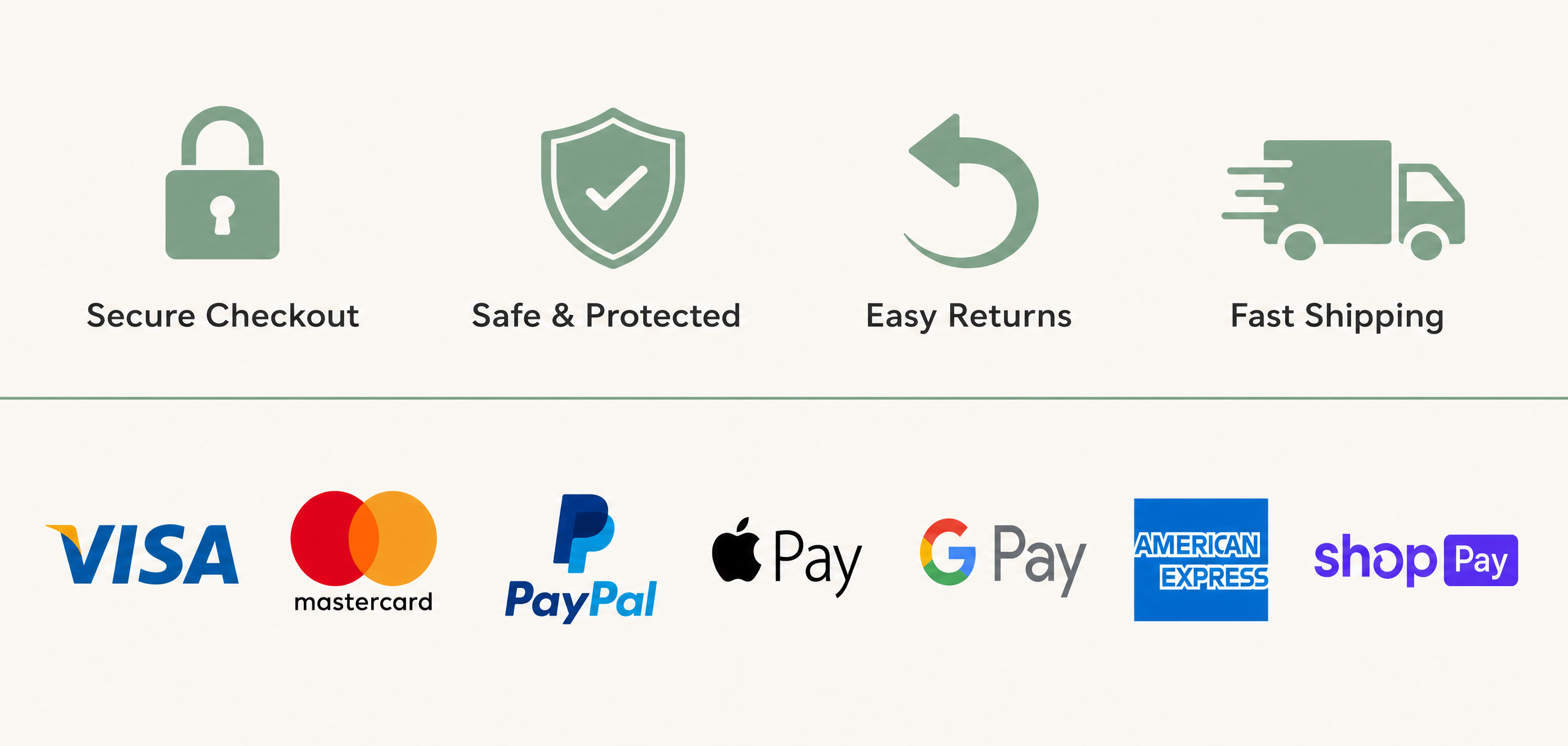 Secure Checkout | Safe & Protected | Easy Returns | Fast Shipping | Accepted Payments: Visa, Mastercard, PayPal, Apple Pay, Google Pay, American Express, Shop Pay